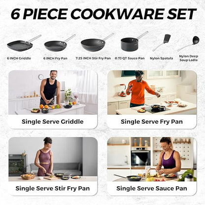THE ROCK Single Serve Nonstick Pots and Pans Set, 6pc Portion Control Cookware Set with Rock.Tec, Scratch/Stain/Crack Proof, Oven & Dishwasher Safe, Perfect for Dorm, Camping & Small Kitchens, Black