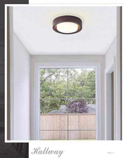 13 Inch Flush Mount Ceiling Light,Oil Rubbed Bronze Finish Plate with Frosted Glass Shade,Round Ceiling Lighting Fixture for Hallway Bedroom Closet Livingroom Kitchen Stairwell (Oil Rubbed Bronze)