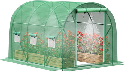 Greenhouse with Watering System, 10x10x7 Outdoor Greenhouses with 6 Mesh Windows and 1 Door, Easy Water and Irrigate Plants Green House (Green, 10x10x7 ft w/ Irrigation System)