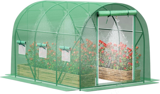 Greenhouse with Watering System, 10x10x7 Outdoor Greenhouses with 6 Mesh Windows and 1 Door, Easy Water and Irrigate Plants Green House (Green, 10x10x7 ft w/ Irrigation System)