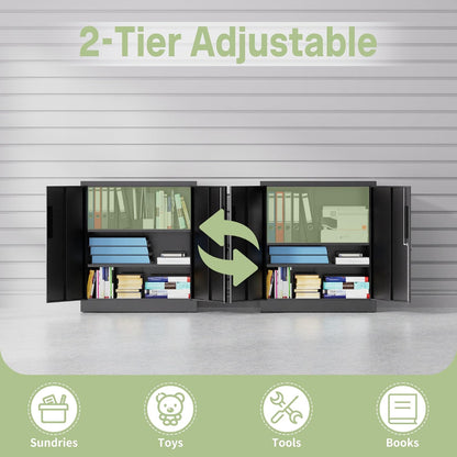 Metal Storage Cabinet, 35" H Garage Storage Cabinet with Doors and Adjustable Shelves, Small Locking Tool Cabinet Utility Cabinets for Home Office, Garage, Warehouse, School (Black)
