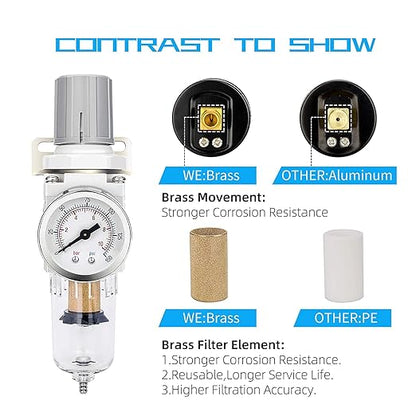 NANPU 1/4" NPT Compressed Air Filter Regulator Combo Piggyback, 5 Micron Brass Element, Poly Bowl, Semi-Auto Drain, Metal Bracket, 0-150 psi Gauge, Ball Valve