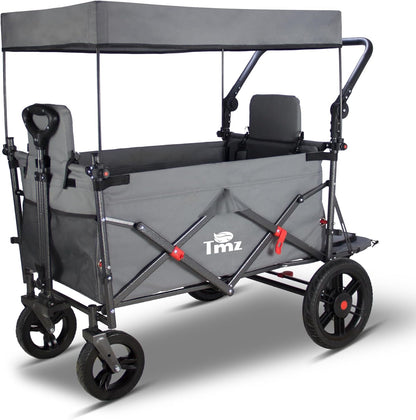 TMZ Collapsible Foldable Wagon Cart with Quick-Release Wheels and 2 Seats, Heavy Duty Wagon 265LBS Load Capacity for Camping Garden Shopping (Grey)