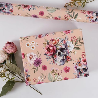 Aimyoo Gothic Wrapping Paper Roll, 17 Inch X 33 Fee Skull Floral Berry Design Gift Wrap Paper for Mother's Day, Birthday Bridal Shower