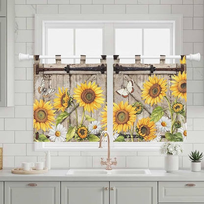 Farmhouse Sunflowers Kitchen Curtains 36 Inch Length, Small Window Curtains Tab Top, Rustic Barn Doors Flowers Butterfly Wooden Light Filtering Short Window Treatments Tier Drapes 27.5"x36" 2 Panel