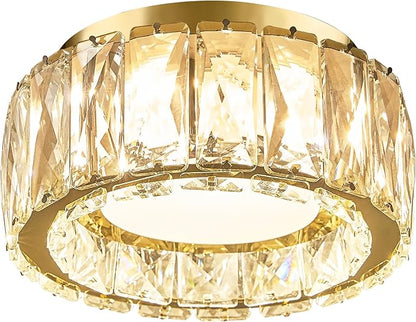 Modern Dimmable LED Luxury Crystal Gold Flush Mount Ceiling Light Fixture,7.87 Inch 15W,3CCT,Mini Round Close to Ceiling Chandelier for Hallway,Kitchen,Laundry Room,Entryway