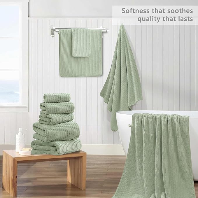18 Piece Bath Towels Set,Super Soft Family Bathroom Towel Set with Hanging Loops-6 Bath Towels,6 Hand Towels,6 Washcloths,Highly Absorbent Quick Dry Shower Towel for Bathroom,Hotel,Spa-Green Towel Set