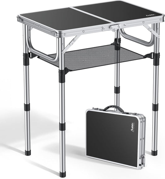 Anbte Folding Camping Table, 24"X 16" Adjustable Height Small Folding Table | Aluminum, with Carrying Handle, Lightweight, Portable Camping Table for Outdoor Indoor Picnic Beach BBQ Grill Patio (Black)
