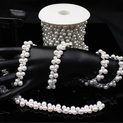2 Yard Pearl Trim Chain String Silver Applique Fringe Ribbon Strips Beads Sewing Dress DIY Party Wedding Bouquet for Decoration Bridal Costume Embellishment