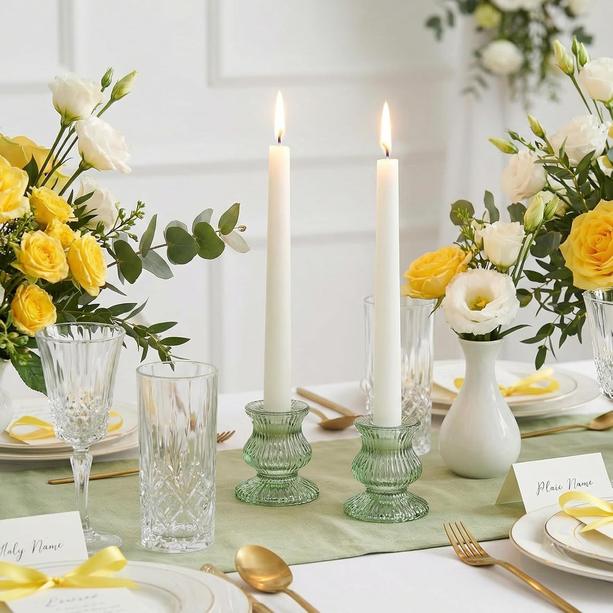 Green Glass Candle Holders 12 Pcs, Ribbed Taper Candle Holders Bulk, Vintage Candlestick Holders for Sage Green Wedding Centerpieces, Christmas Table Decor, Party & Easter Home Decor