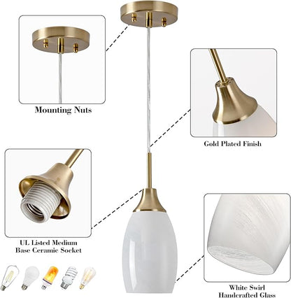 Mini Glass Pendant Light 3-Pack Handblown Art White Swirl Oval Glass Hanging Pendant Lamp 4.72" Glass Chandelier for Kitchen Island Dining Room Living Foyer Hallway Entry Brushed Gold Finish