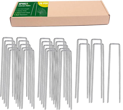 12 Inch Galvanized Garden Landscape Staples Stakes, 25 50 100 PCS Anti-Rust Garden Staples U-Shaped Landscape Pins for Secure Lawn Fabric (25, 12 Inch)