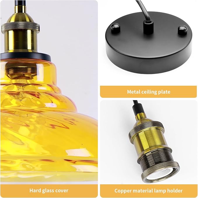 Kitchen Island Pendant Lights, Farmhouse Vintage Pendant Lighting 11.02" Small Nordic Amber Glass Hanging Pendant Lighting Fixtures Over Dining Room Table for Bedroom,Bar,Restaurant,E26