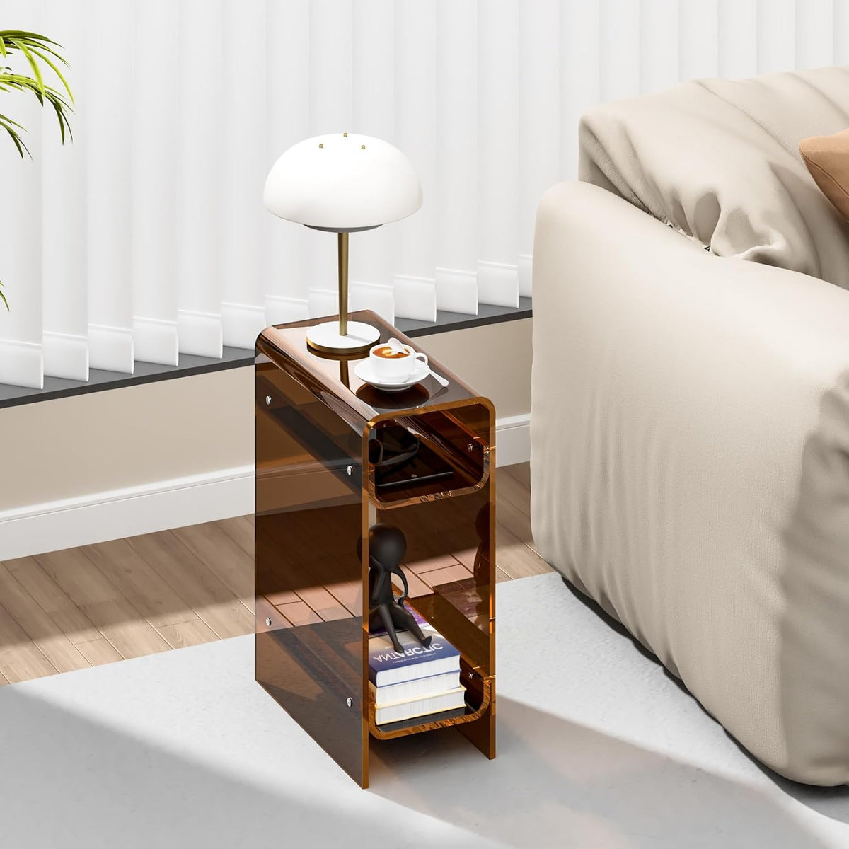 Clear Acrylic Side Table, Narrow Nightstand Bedside Table for Bedroom, Skinny Small End Table (Dark Brown, 8.7'' x 15.7'' x 21.7")
