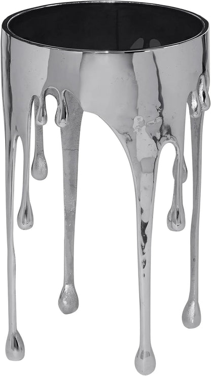TUP THE URBAN PORT Capri Side End Table, 24.75 Inch Round Glass Top, Silver Finish, Melting Drip Design Base, Modern Glam Accent Table for Living Room, Bedroom and Home Decor Display