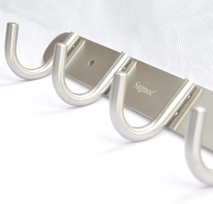 Towel Hook Rack Brushed Nickel - Sagmoc 11-Inch Coat Hook Rail Wall Mounted with 4 Hooks, Durable Wall Hangers for Bedroom, Bathroom, Foyer, Hallway (304 Stainless Steel)