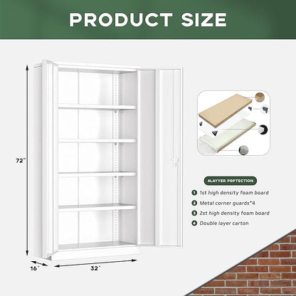 Greenvelly Metal Garage Storage Cabinet with Doors and Adjustable Shelves,72" Steel Lockable File Cabinet for Home Office,Garage,School(White,32" W x 16" D)