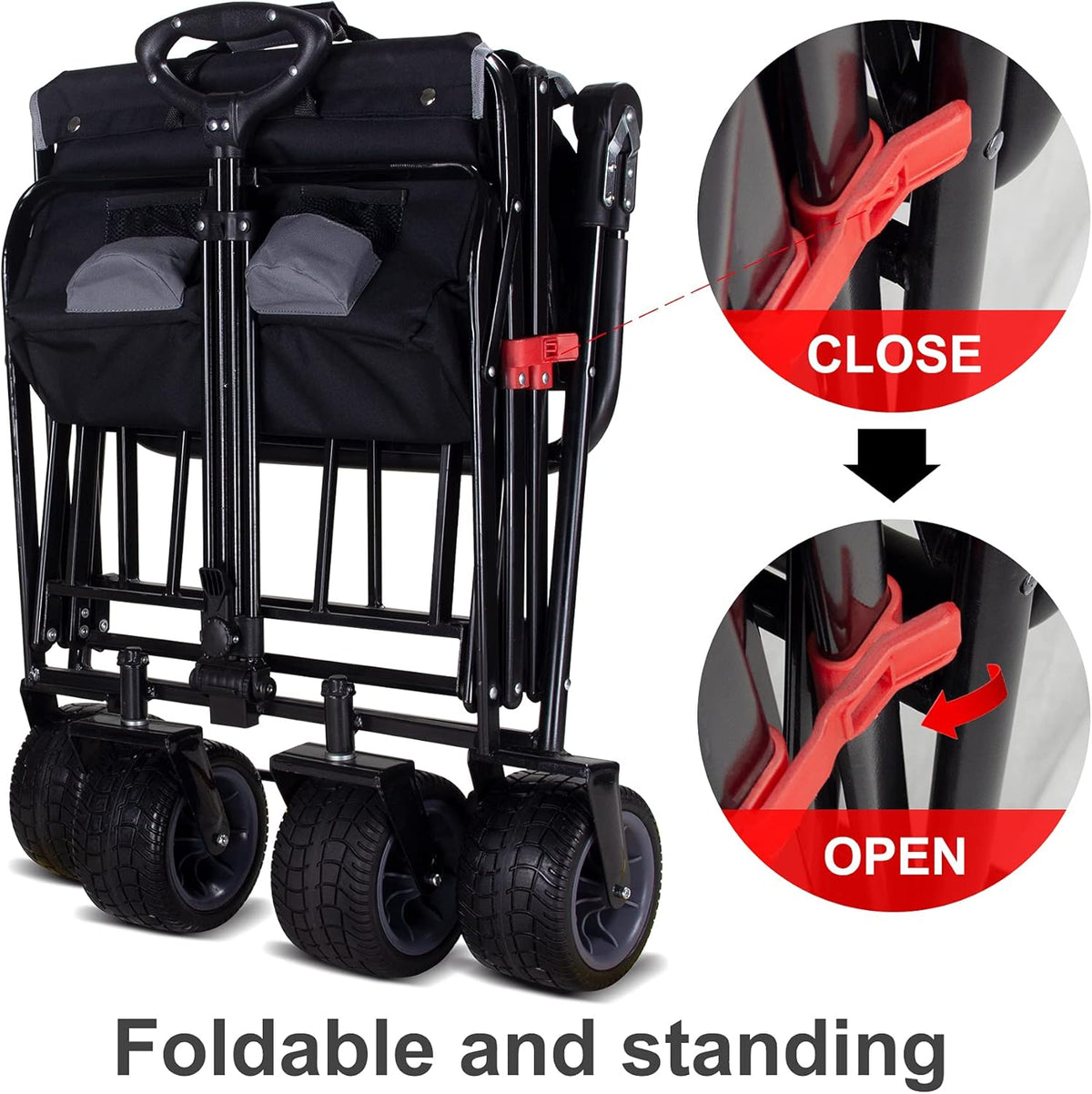 TMZ All Terrain Utility Folding Wagon, Collapsible Garden Cart, Heavy Duty Beach Wagon, for Shopping, Camping, and Outdoor Activities with Push Handle and Brakes (Black/Grey)