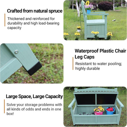 48in Wooden Outdoor Storage Bench, 2-Seater Patio Garden Bench with Backrest & Armrests, Weather-Resistant Deck Box for Porch, Yard & Pool(Green)