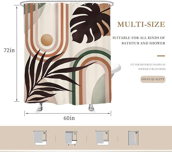 Glawry Boho Mid Century Shower Curtain Abstract Tropical Plant Minimalist Bohemian Botanical Palm Leaf Bathroom Modern Geometric 60Wx72L Inches Bath Accessories Art Home Decor Fabric 12 Pack Hooks…