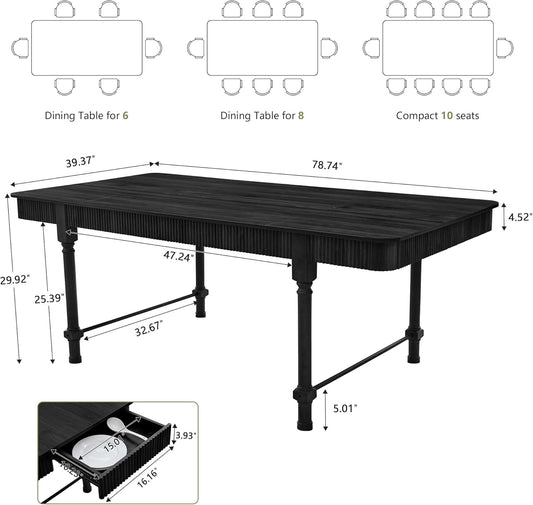 78 Inch Fluted Kitchen Dining Table for 6 8 10, Large Rectangular Kitchen Table with Drawers, Mid Century Modern Long Dinner Table Dining Room Tables with Solid Wood Legs for Home Living Room, Black