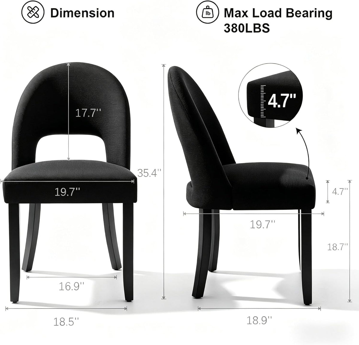 Wooden Dining Chairs Set of 4, Upholstered Kitchen Chairs with Linen Fabric Back & Solid Wood Legs, Modern Farmhouse Dining Room Chairs, Black