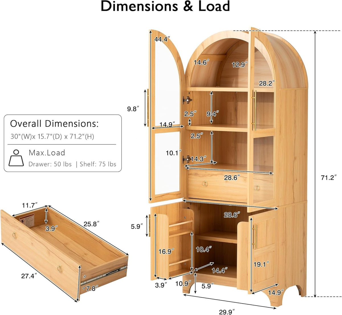 71" Arched Kitchen Pantry Cabinet with Glass Doors, Farmhouse Pantry Cabinet with Door Shelves and Drawer, Tall Cupboard with Adjustable Shelves for Kitchen, Dining Room, Natural