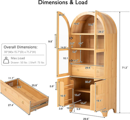 71" Arched Kitchen Pantry Cabinet with Glass Doors, Farmhouse Pantry Cabinet with Door Shelves and Drawer, Tall Cupboard with Adjustable Shelves for Kitchen, Dining Room, Natural