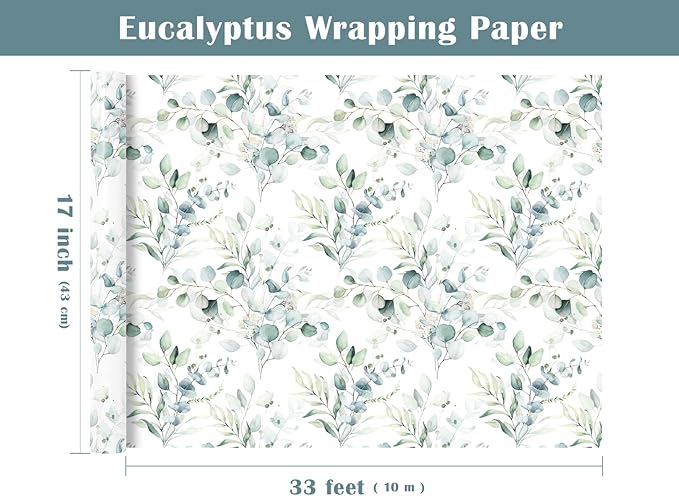 WRAPAHOLIC Eucalyptus Leaves Wrapping Paper Roll - Mini Roll - 17 Inch x 33 Feet - Eucalyptus Greenery Wrapping Paper Perfect for Birthday, Wedding, Bridal Shower