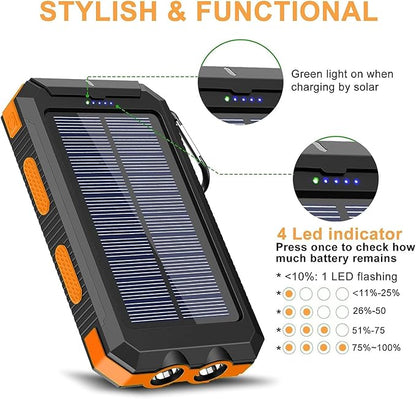 Solar Charger, 38800mAh Portable Type-C Solar Power Bank for All Cellphones, Waterproof Battery Pack, Outdoor External Backup Power Charger Three Outputs/LED Flashlights, Perfect for Camping Travel