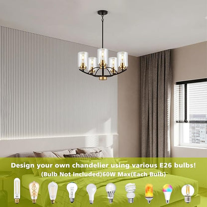 9MMML 5 Lights Glass Chandelier,Wrought Iron Pendant Light Fixtures, Gold+Black Finish Kitchen Island Lighting for Dining&Living Room Foyer Bar