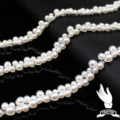 2 Yard Pearl Trim Chain String Silver Applique Fringe Ribbon Strips Beads Sewing Dress DIY Party Wedding Bouquet for Decoration Bridal Costume Embellishment