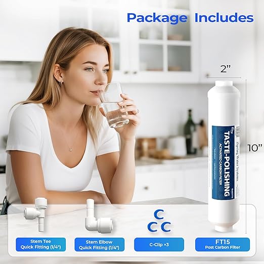 iSpring FT15 NSF Certified 5th Stage Inline Post Carbon Water Filter, Replacement Cartridge with 1/4" Quick Connect for Refrigerator, Ice Maker, RO Reverse Osmosis Water Filtration System