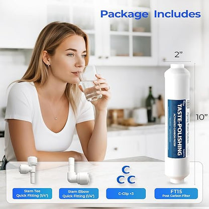 iSpring FT15 NSF Certified 5th Stage Inline Post Carbon Water Filter, Replacement Cartridge with 1/4" Quick Connect for Refrigerator, Ice Maker, RO Reverse Osmosis Water Filtration System