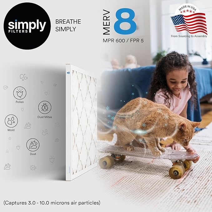 Simply 16x20x1 Air Filter, MERV 8, 6 Pack, For Home AC Furnace & HVAC (Actual Size: 15.75"x19.75"x0.75") DUST, Pet, & Allergy Control