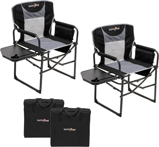 SUNNYFEEL Oversized Camping Chair Portable Directors Chairs with Side Table | Heavy Duty Folding Lawn Chair for Adults 300LBS with Compact Size, Breathable Mesh, Pocket & Carry Bag for Outdoor, Lawn, RV