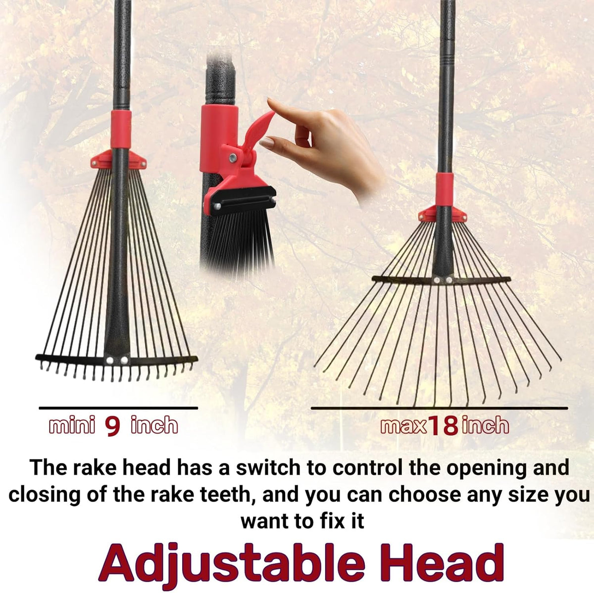 61 Inch Rake for Leaves , Adjustable 18 Tines with Expandable Head 9-18in Grass Rake Heavy Duty Metal Rakes for Women Children Yard Gardener Gardening Grass Debris Lawns