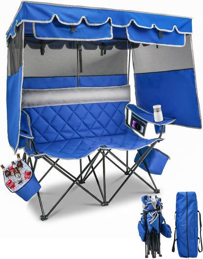 HOPERAN Double Camping Chair with Canopy, Heavy Duty 660lbs Double Beach Chair with Umbrella, Cooler & Cup Holder, Oversized Folding loveseat with Shade for Outside Sports, Beach, Lawn, Fishing