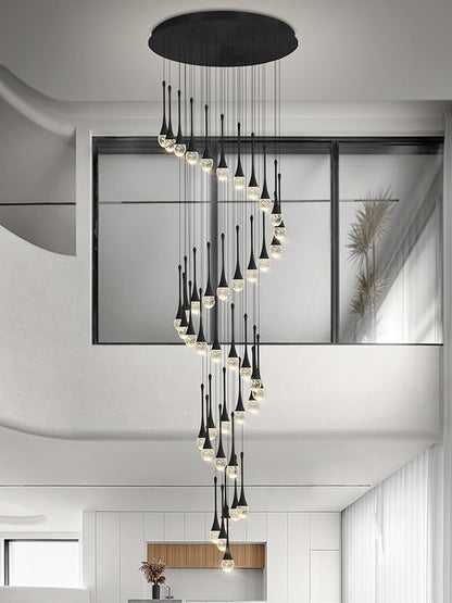 Staircase Chandelier 42-Lights Crystal Ceiling Lights Adjustable Length 197inches Large Chandeliers for High Ceilings, Entryway Lighting Fixture Black