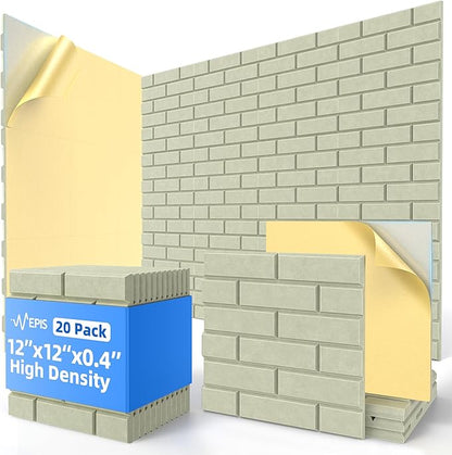 20 Pack Acoustic Panels with Self Adhesive, 12" X 12" X 0.4" High Density Sound Proof Foam Panels for Walls, Soundproof Wall Panels, Brick Sound Absorbing Panels for Home Studio Office Decor - Sage
