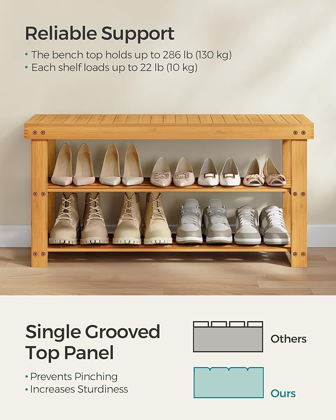 SONGMICS Shoe Rack Bench, 3-Tier Bamboo Shoe Storage Organizer, Entryway Bench, Holds Up to 286 lb, 11.3 x 35.4 x 17.8 Inches, for Entryway Bathroom Bedroom, Natural ULBS90N
