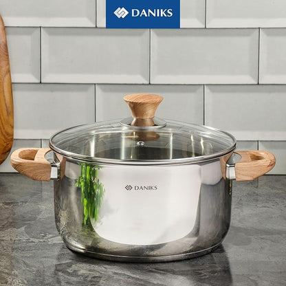 Daniks Oslo 10-Piece Stainless Steel Induction Cookware Set – Dishwasher Safe Saucepan, Frying Pan, Pots with Stay-Cool Handles, Glass Lids, Silver