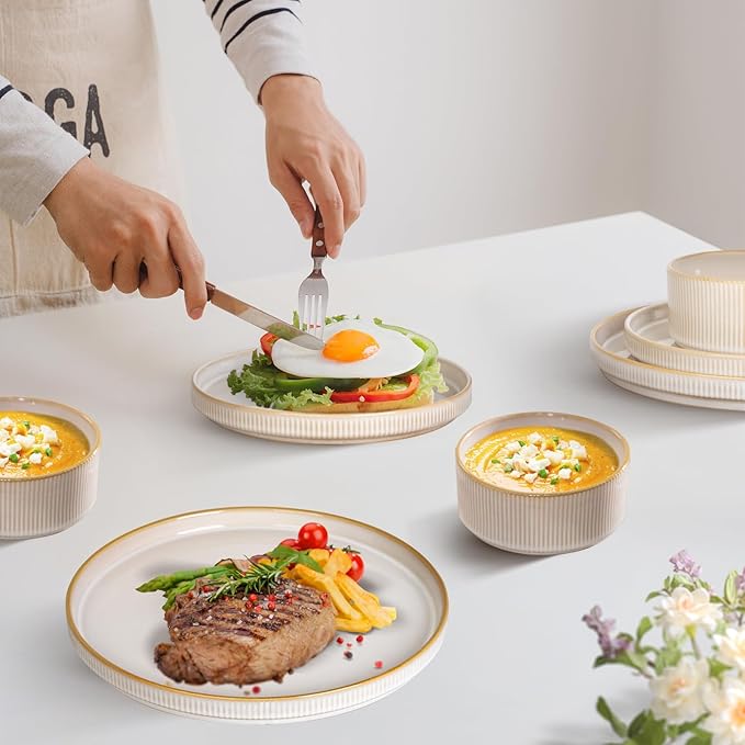 Romswi Ceramic 18Pcs Dinnerware Sets,Stoneware Plates and Bowls Set for 6, Chip & Scratch Resistant Ribbed Dish Set, Handmade Reactive Glaze, Oven, Microwave & Dishwasher Safe, Cappuccino White