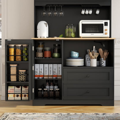 68"Tall Kitchen Pantry Storage Cabinet with Charging Station, Door & Shelf | Upgrade Pantry Cabinet with Wine & Glass Holder, Kitchen Hutch Cabinet with Microwave Stand, for Kitchen (Black)