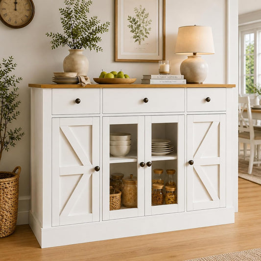 4 EVER WINNER 55" Large Buffet Cabinet with Storage, Coffee Bar Cabinet with 4 Doors and 3 Drawers, Kitchen Cabinet with Plexiglass Doors for Living Room, White