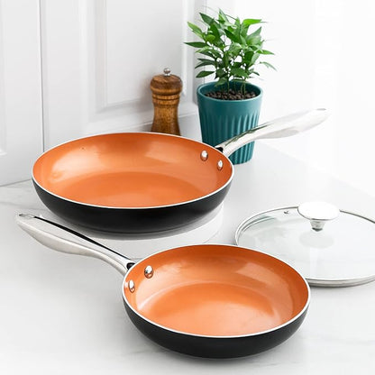 MICHELANGELO Copper Frying Pan Set with Lid, 8" & 10" Nonstick Skillets with Lids, Non Stick Frying Pans Set, Ceramic Non Toxic Fry Pans, Induction Compatible