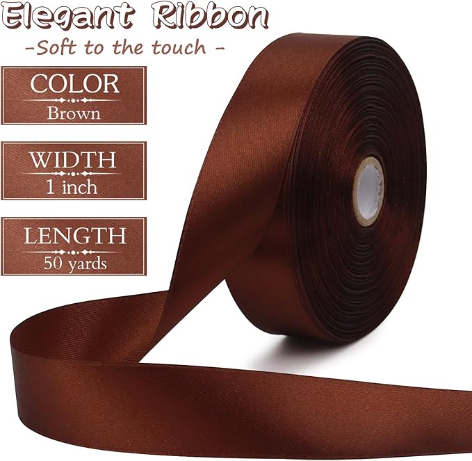 Brown Solid Satin Ribbon 1 Inch 50 Yards Solid Polyester Fabric Ribbon for Gift Wrapping Wedding Christmas Baby Shower Birthday Party Decoration Handmade Immortal Flower Craft