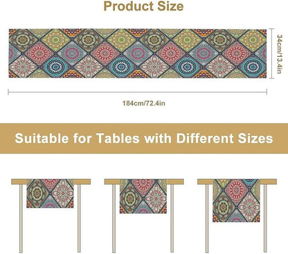 Boho Bohemian Table Runner, Vintage Indian Floral Print Table Cover for Farmhouse Kitchen Dining Table Decor Holiday Party, 13x90inch