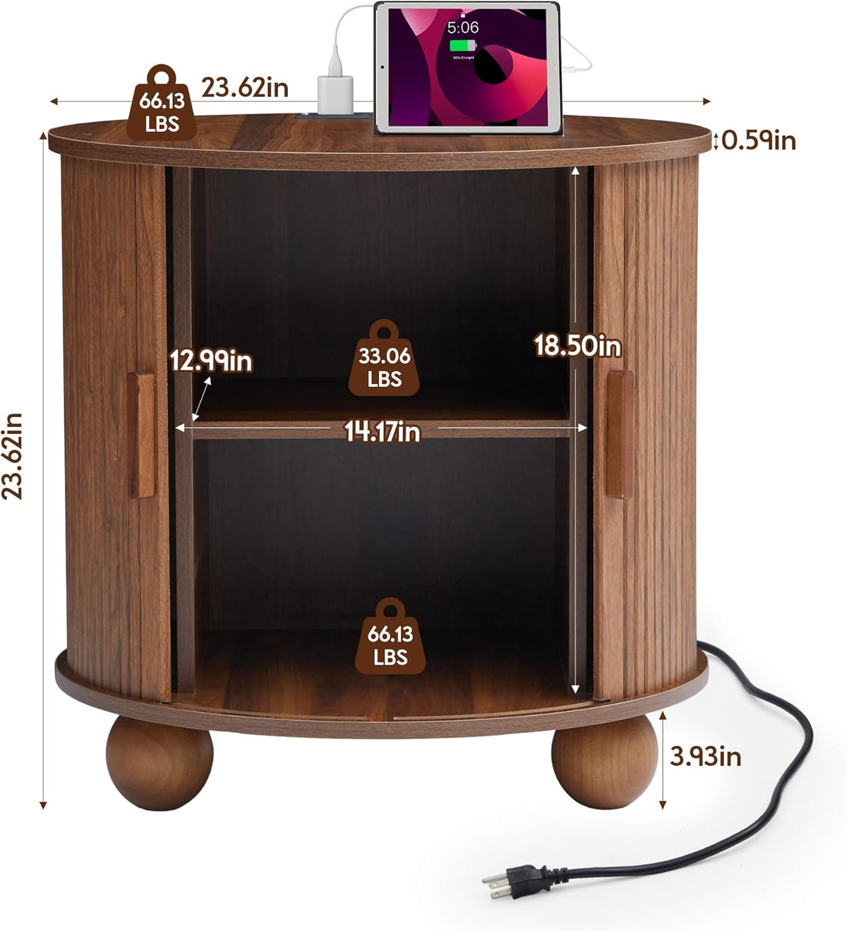 AVZEAR 24" Large Round End Table with Charging Station, Farmhouse Fluted Sofa Side Table with Sliding Tambour Door & Storage, Mid-Century Wood Nightstand for Living Room, Bedroom, Walnut