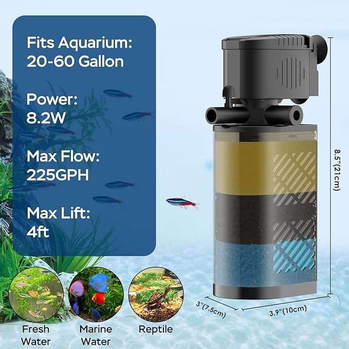 Aquarium Filter for 20-60 Gallon Tanks, Internal Fish Tank Filter, Powerful Submersible Pumps Fish Filter, Turtle Tank Filter, with Dual Water Outlet & Aeration